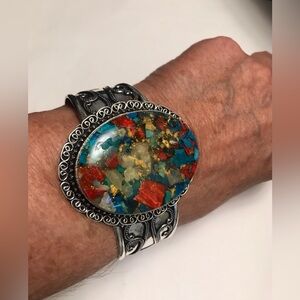 Oyster Copper Turquoise Stamped 925 Sterling Silver Cuff Bracelet